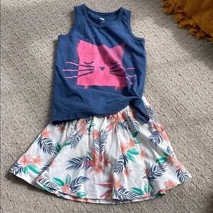 Blue Cat Tank Top and Floral Skirt Set
